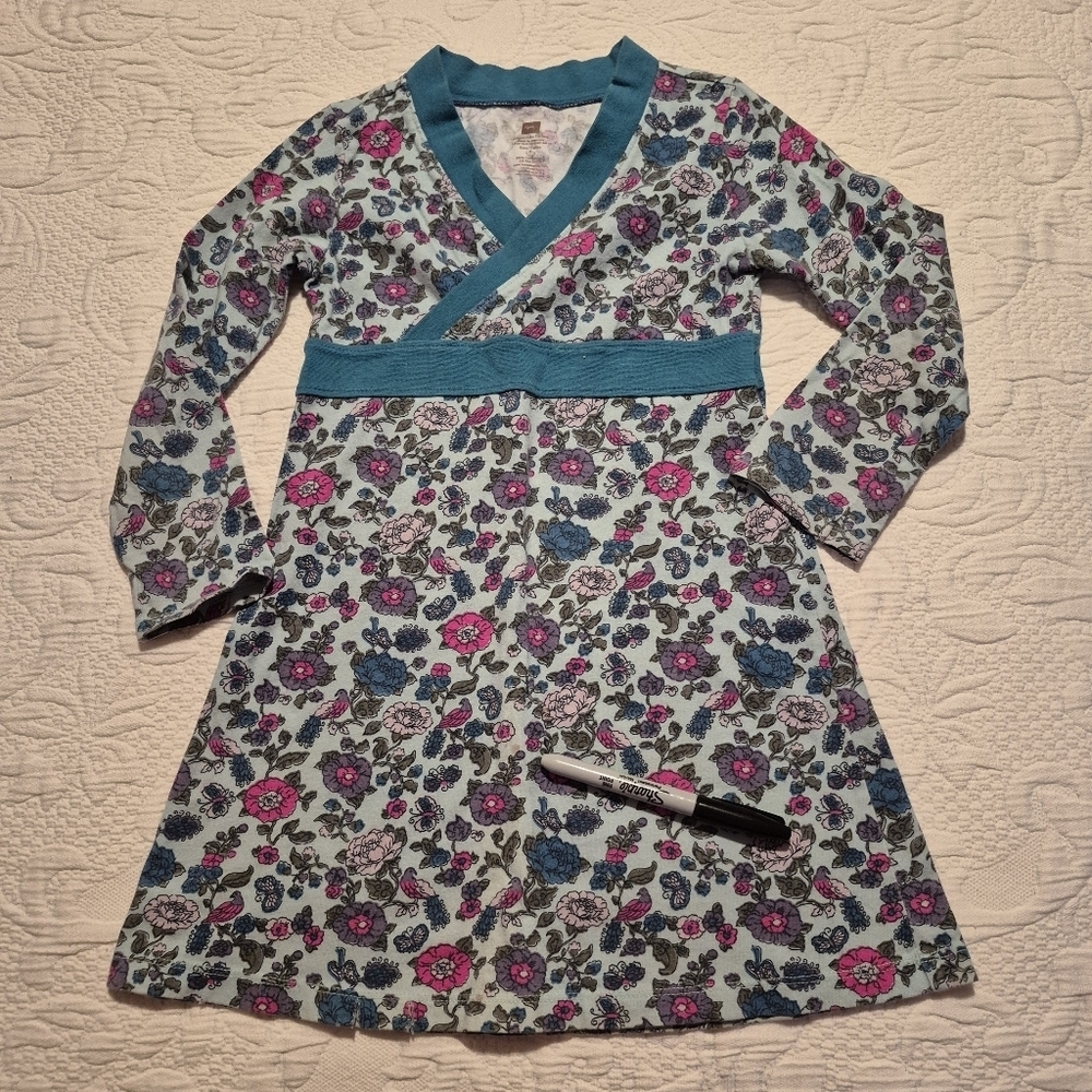 Tea Collection girls size 5 teal pink gray dress has couple marks Play cond.